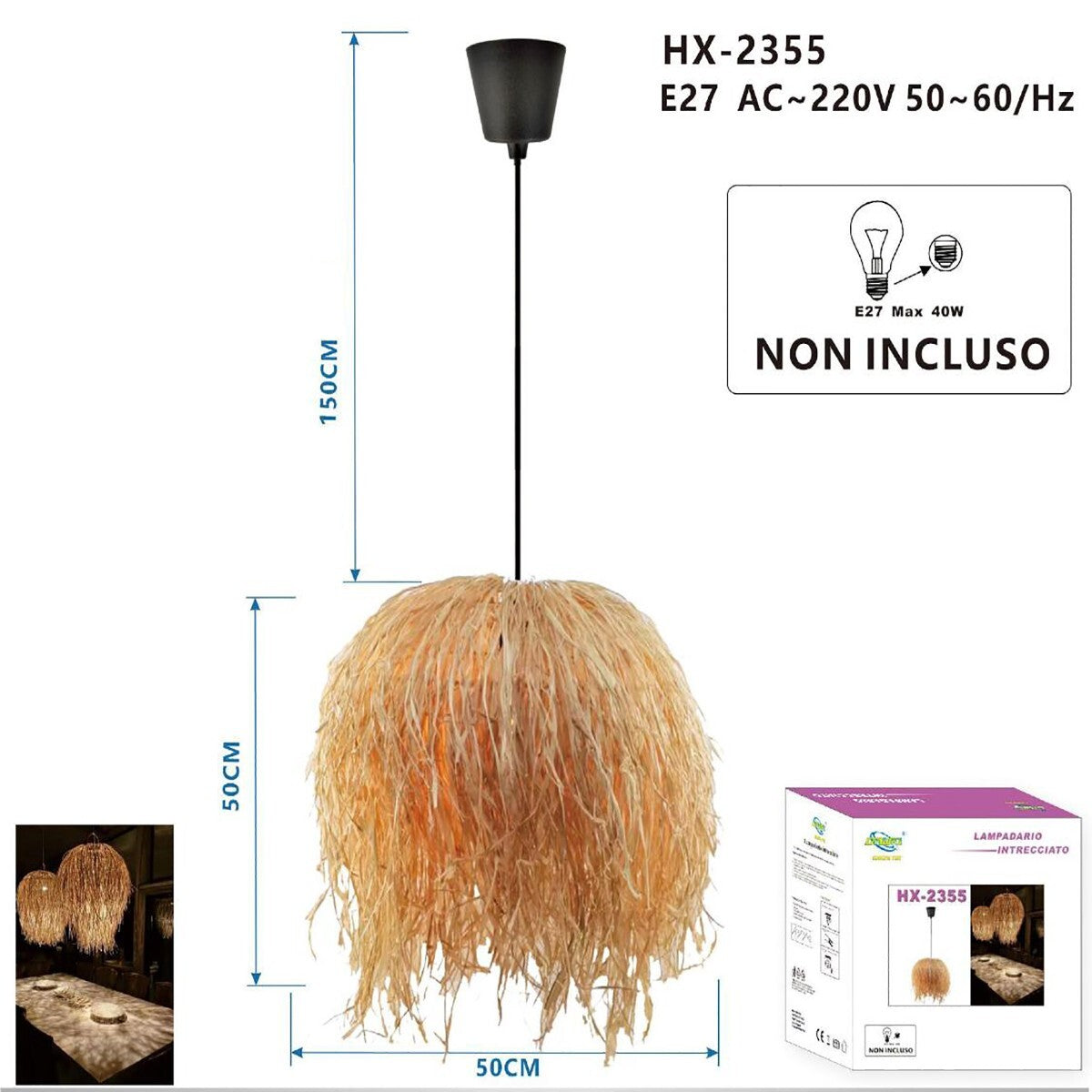 SUSPENSION ROTTIN NATUREL JUTE TRESSÉ E27 PLAGE ET-31384