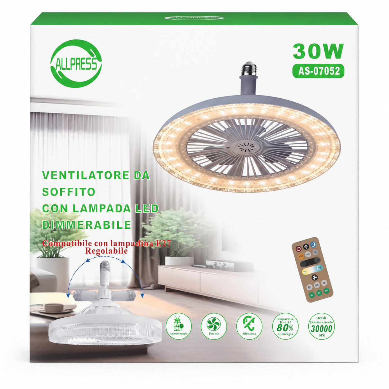 VENTILATEUR DE PLAFOND 30W LED DIMMABLE TÉLÉCOMMANDE E27 USAGE DOMESTIQUE AS-07052