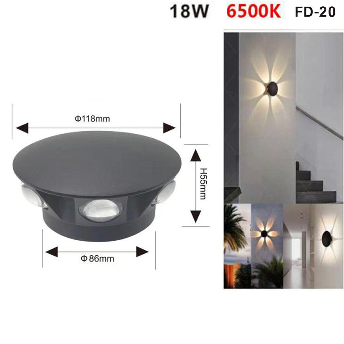 APPLIQUE LED 6 COB LAMPADA PARETE ROTONDO 18W NERO FREDDO 6500K ESTERNO FD-20*