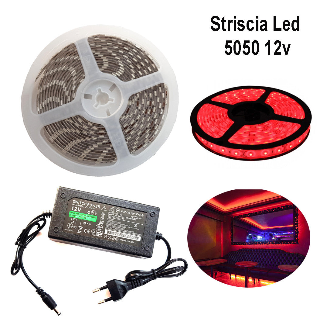 STRISCIA STRIP LED 5050 5M ADESIVA LUCE IP65 ALIMENTATORE 12V 5A ROSSO 12W/M
