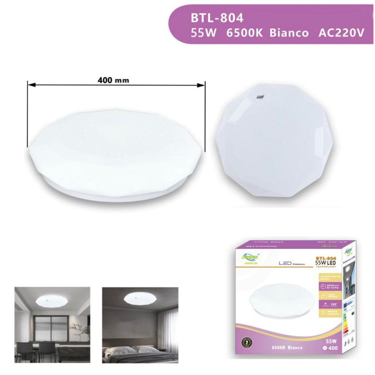 PLAFONIERA LED 55W LUCE FREDDA DIAMANTE EFFETTO CIELO STELLATO APPLIQUE BTL-804
