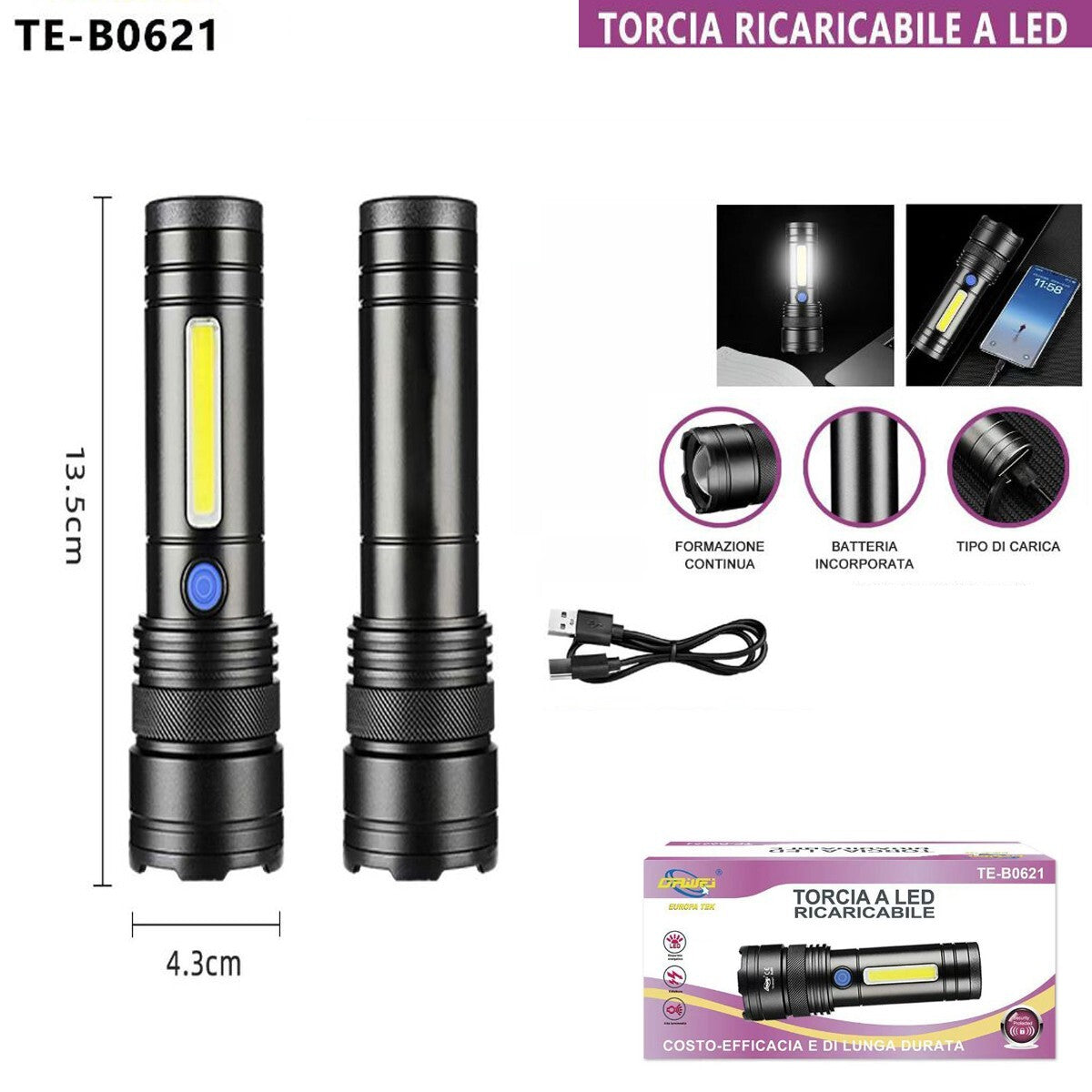 LAMPE DE POCHE RECHARGEABLE LED LATÉRALE COB USB PUISSANTE BATTERIE PORTABLE TE-B0621