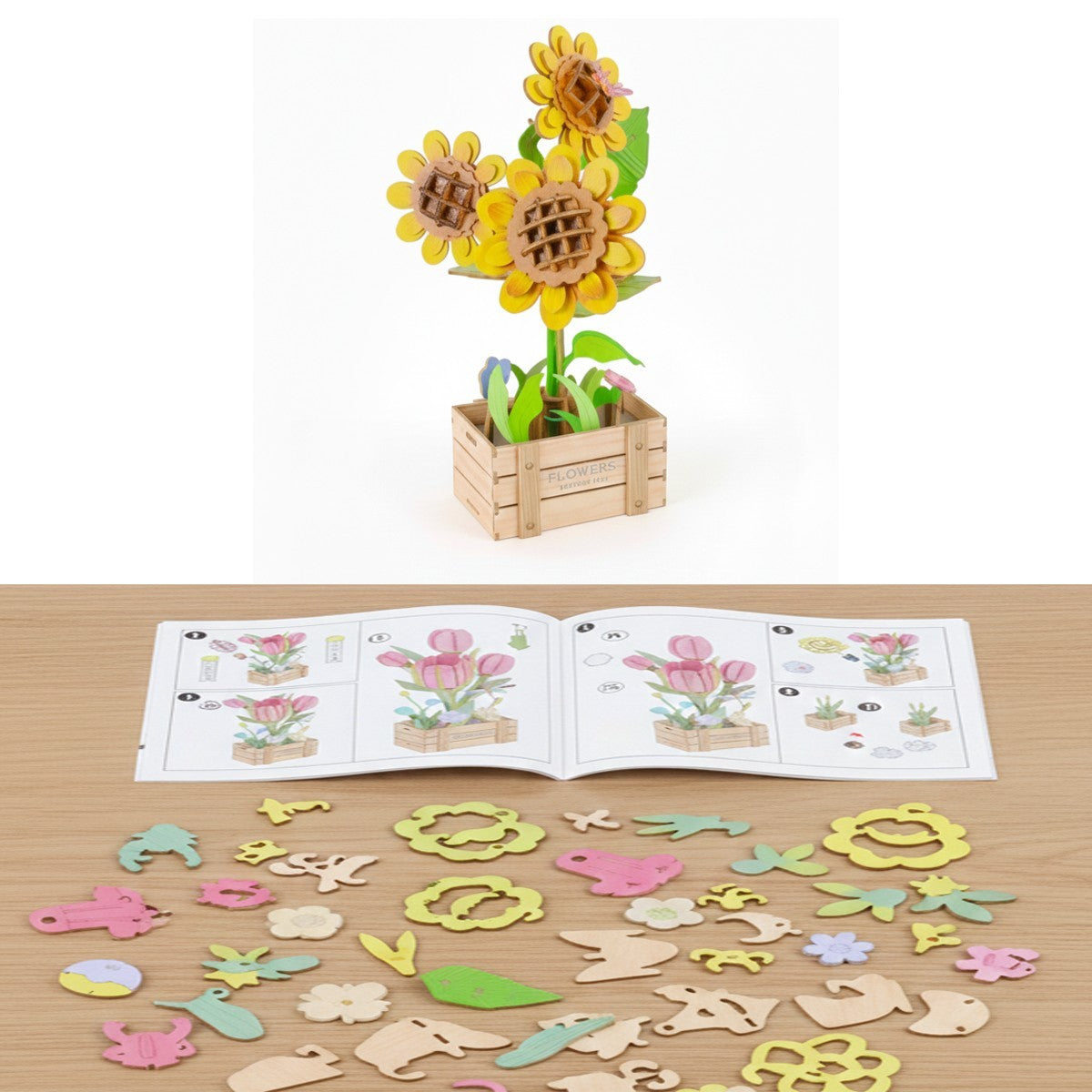 PUZZLE 3D GIRASOLI LEGNO 115PZ FIORI ARTIFICIALI COSTRUZIONI REGALO 32388