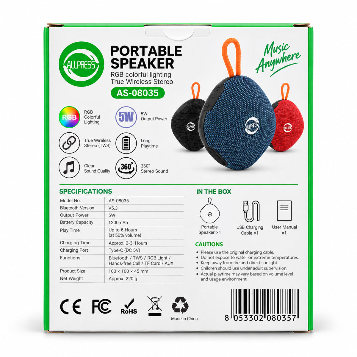 CASSA SPEAKER BLUETOOTH PORTATILE RGB 5W TWS LACCETTO USB RICARICABILE AS-08035