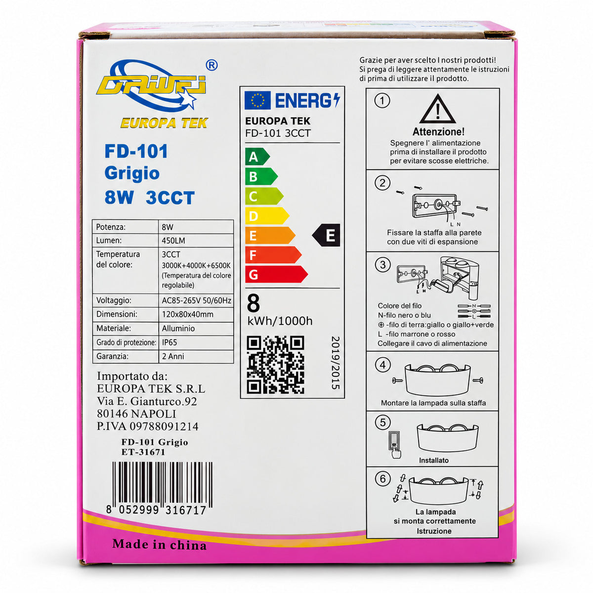 APPLIQUE LED 8W GRIGIA IP65 LAMPADA PARETE ESTERNO 3000K 4000K 6000K ET-31671