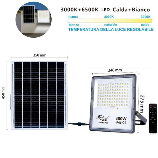PROJECTEUR LED AVEC PANNEAU SOLAIRE TÉLÉCOMMANDE ET DÉTECTEUR CRÉPUSCULAIRE DE 3000K À 6500K 300W