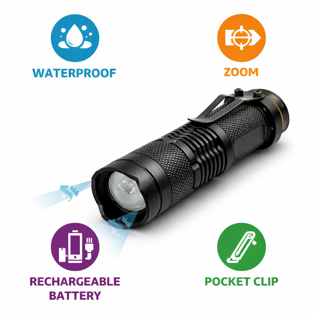 MINI TORCHE LED LUMIÈRE BLANCHE 3 W LUMEN RECHARGEABLE ROBUSTE CROCHET DE SIGNALISATION