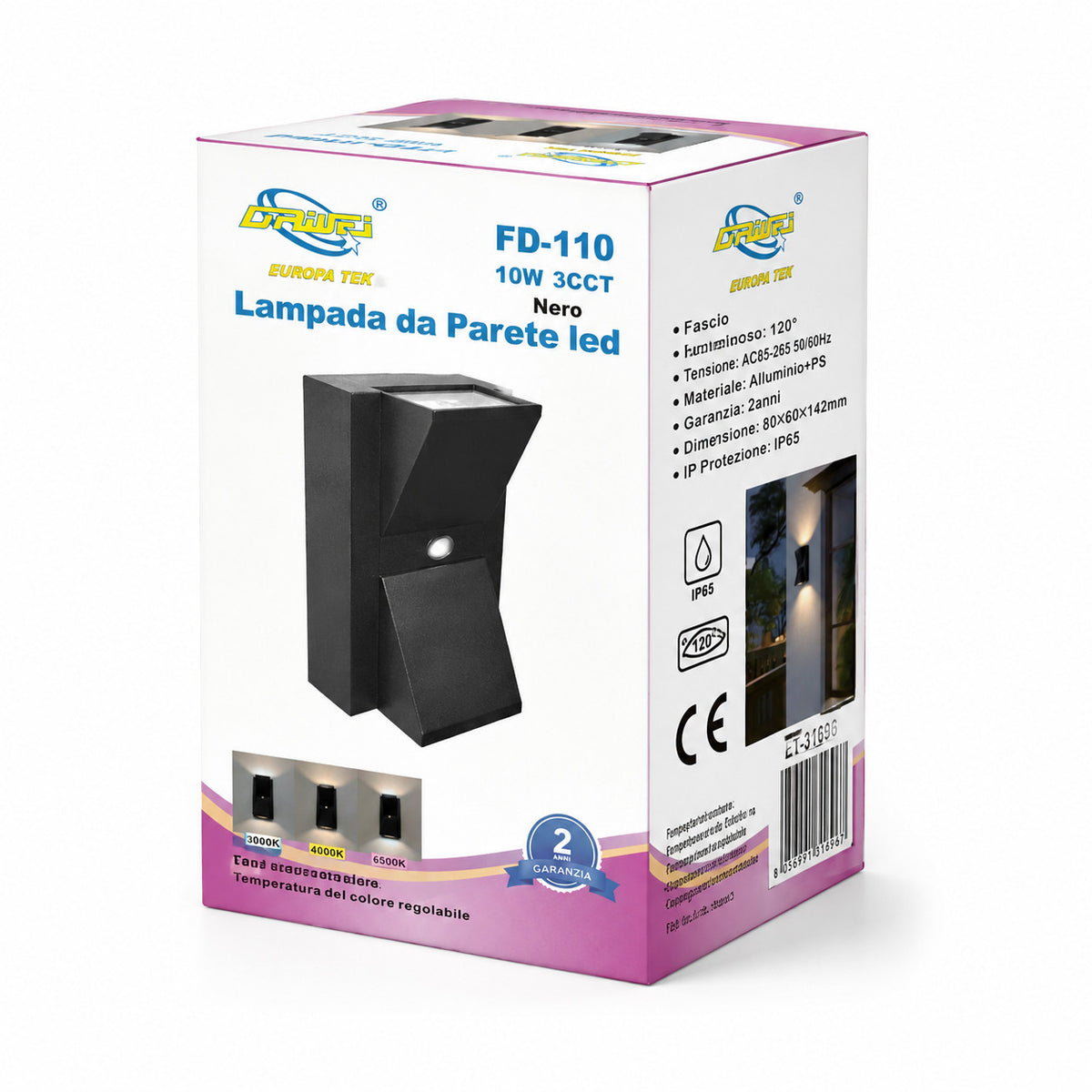 APPLIQUE LED 10W ESTERNO LAMPADA PARETE NERO IP65 3000K 4000K 6000K ET-31696