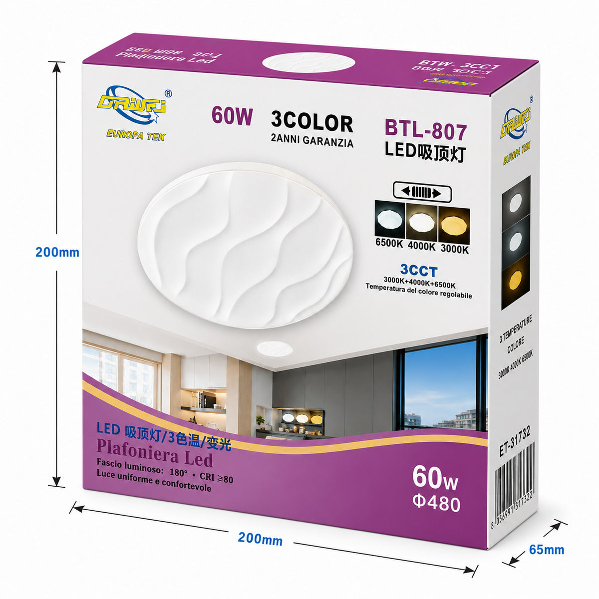 PLAFONIERA LED 60W 3CCT 48CM LAMPADA SOFFITTO LUCE 3000K 4000K 6500K ET-31732