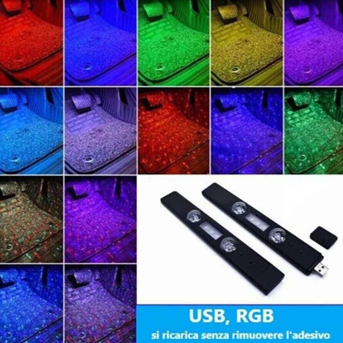 2 BARRE LED AUTO LUCE RGB INTERNI STELLE USB SENZA FILI ADESIVA CON TELECOMANDO