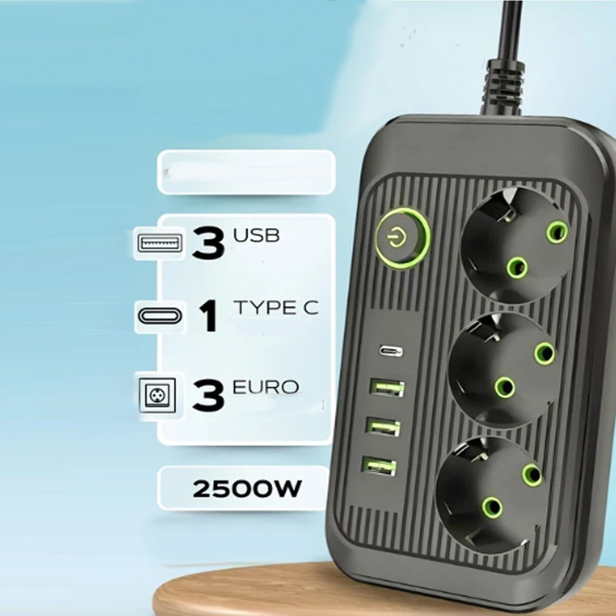 MULTIPRESA ELETTRICA 3 PRESE SCHUKO 3 USB 1 TYPE-C INTERRUTTORE 2500W 200CM