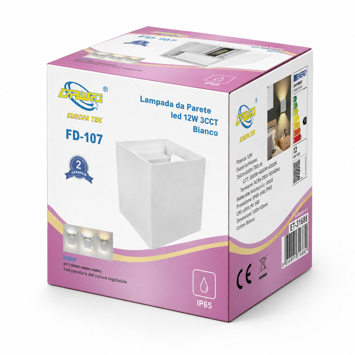 APPLIQUE LED 12W ESTERNO LAMPADA PARETE BIANCA IP65 3000K 4000K 6000K ET-31688