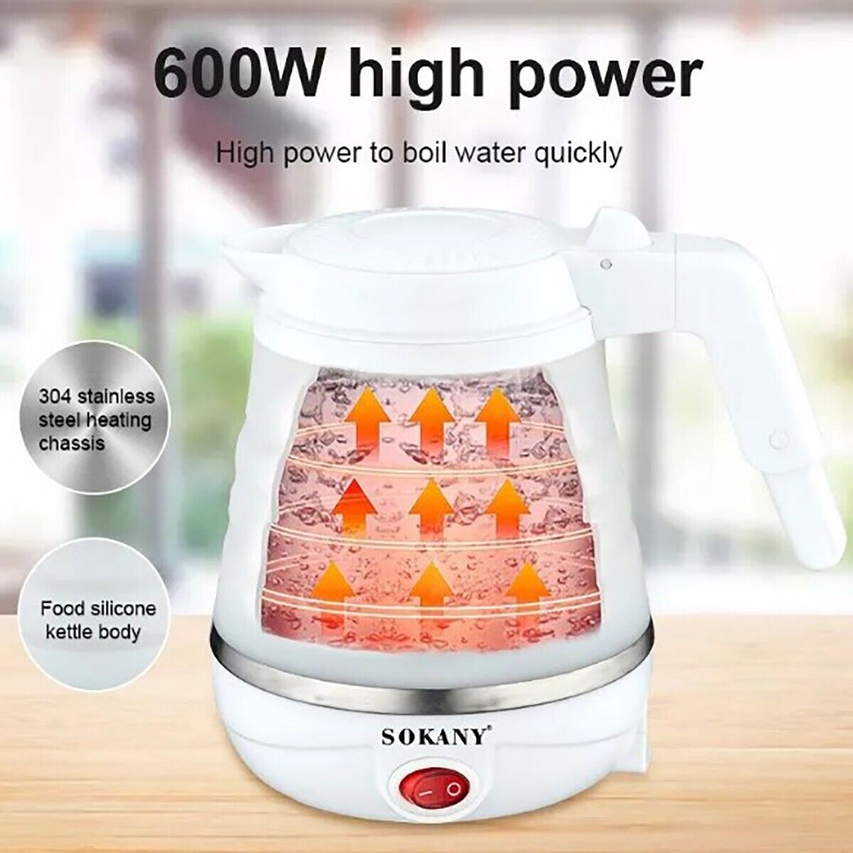 BOLLITORE ELETTRICO PIEGHEVOLE COMPATTO DA VIAGGIO SENZA BPA SILICONE 0,7L 600W