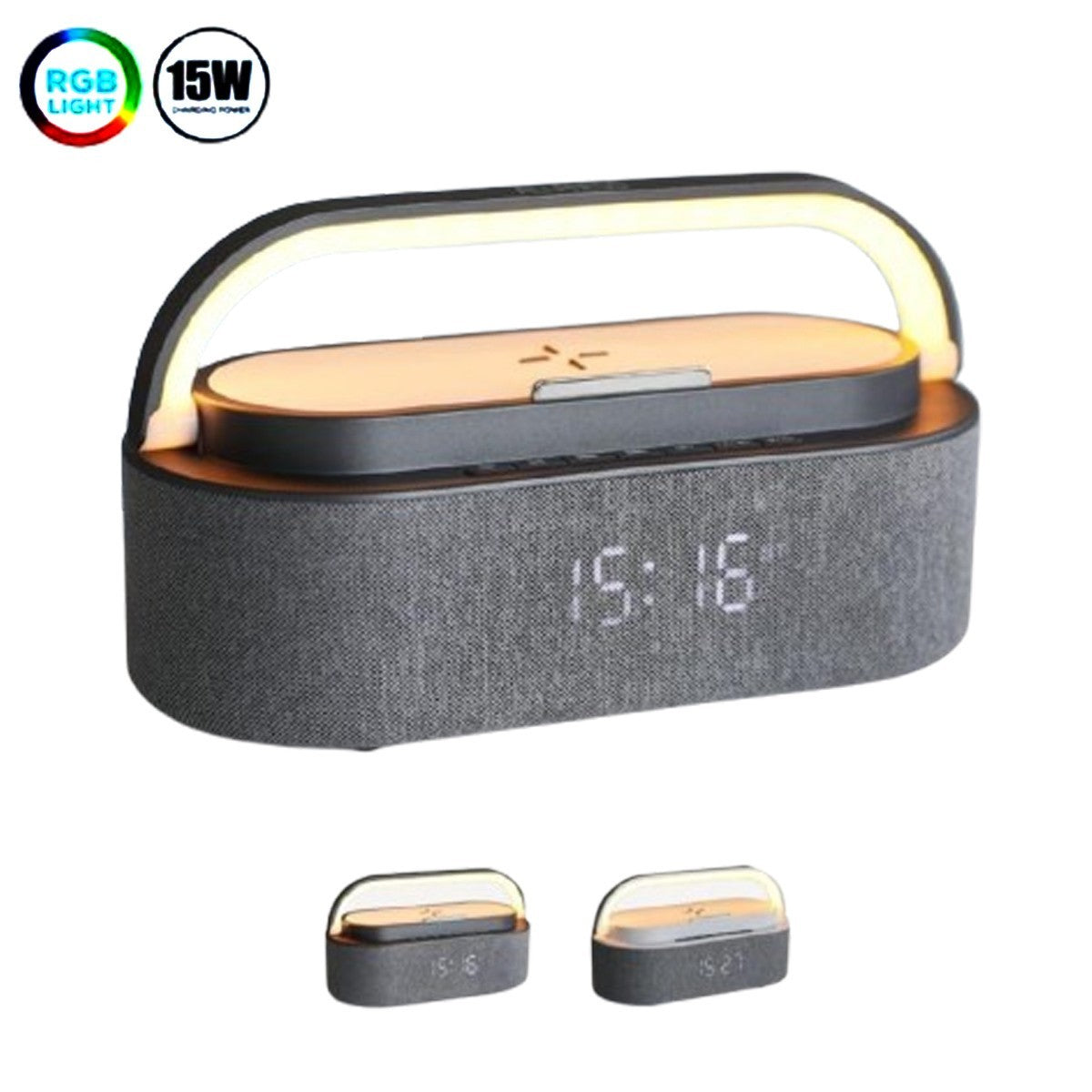 SPEAKER LAMPADA DA TAVOLO RICARICA WIRELESS PORTATILE LUCE RGB LED 15W OROLOGIO