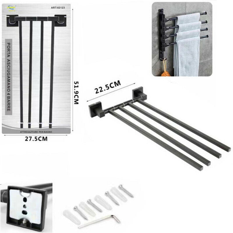 PORTA ASCIUGAMANI 4 ASTE SUPPORTO PER BAGNO DA MURO ASTA CASA NERO 02123