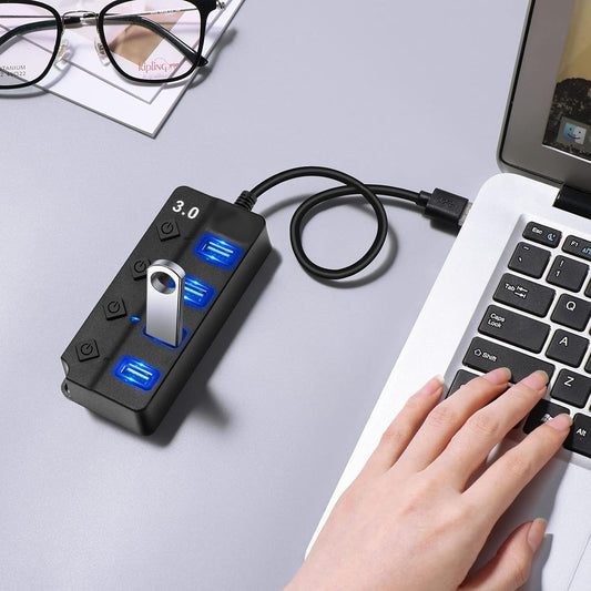 HUB USB 3.0 4 PORTE INTERRUTTORI INDIPENDENTI LED TRASFERIMENTO DATI AS-08055
