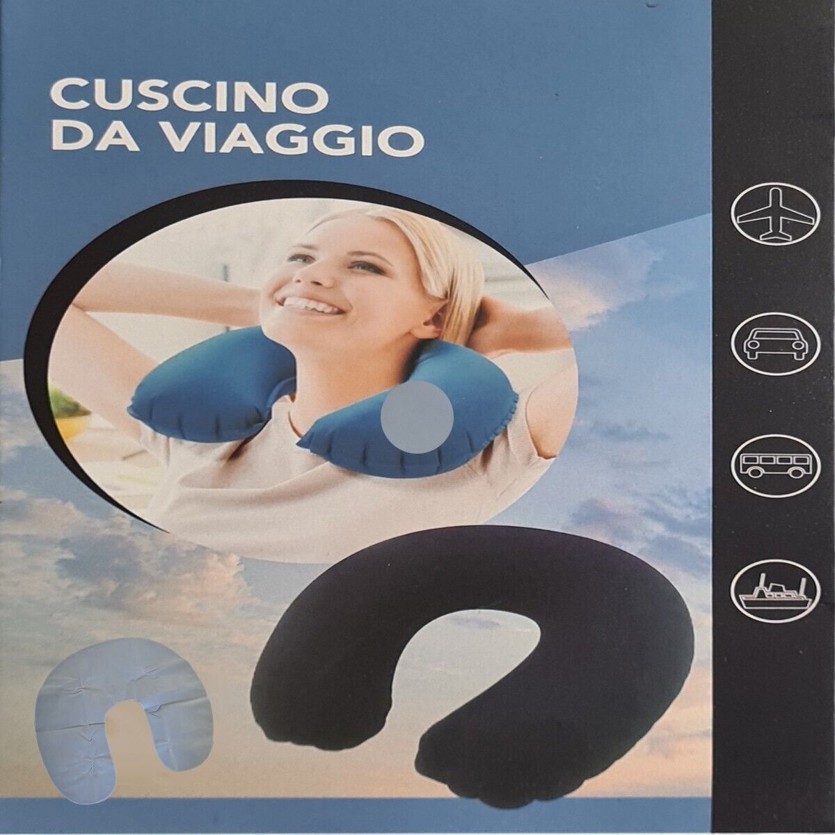 CUSCINO DA VIAGGIO GONFIABILE PVC COLLO VIAGGI AUTO AEREO TRENO 90151