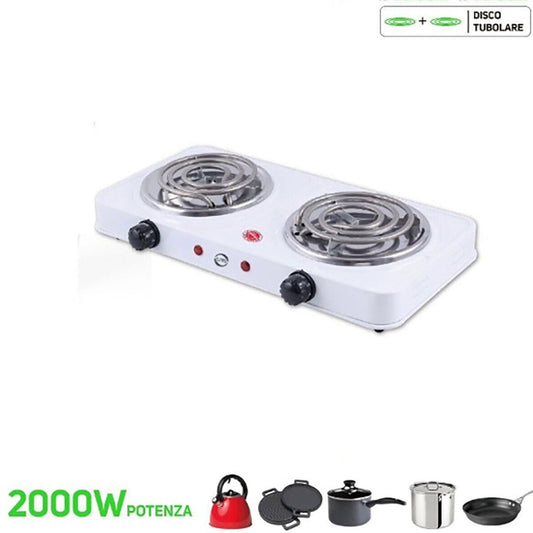 DOPPIO FORNELLO ELETTRICO SPIRALE 2000W CAMPEGGIO ACCIAIO PIASTRA 14CM H-003