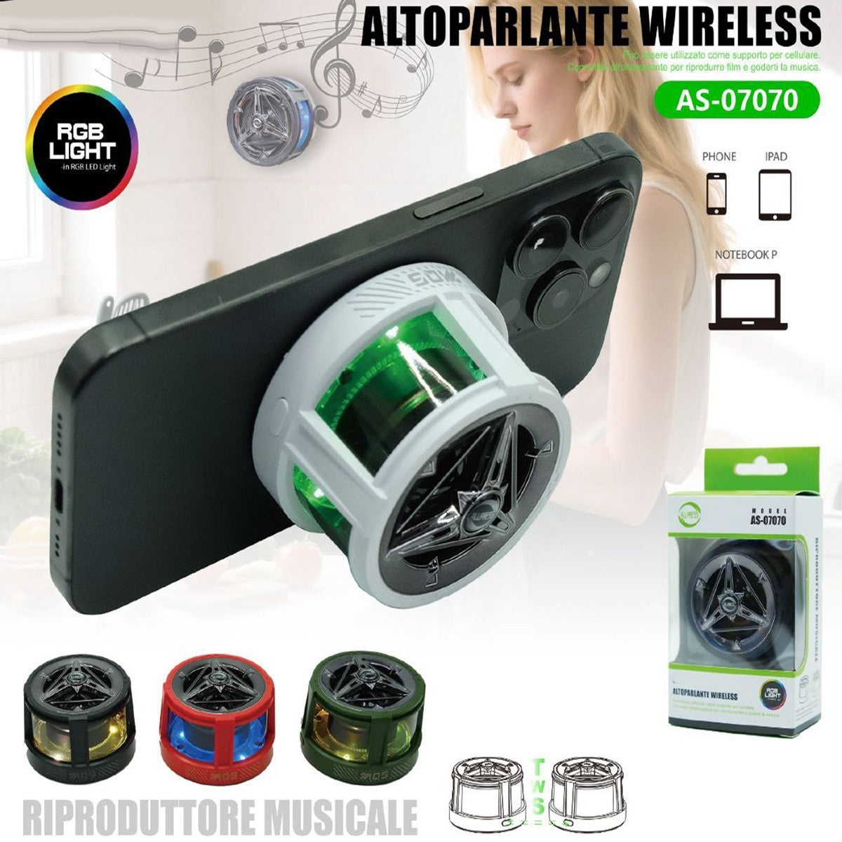 ENCEINTE SANS FIL BLUETOOTH RVB POUR smartphone AS-07070