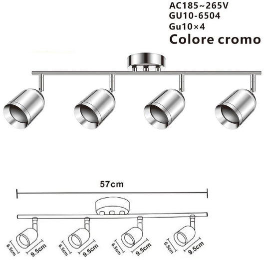 APPLIQUE 4 FARETTI 6.5*9.5CM SOFFITTO PLAFFONIERA ORIENTABILI GU10 LED CROMATO