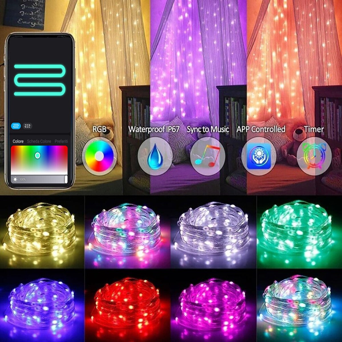 STRISCIA LED 10 METRI BLUETOOTH RGB SMART 10M CON TELECOMANDO APP NATALE IP67