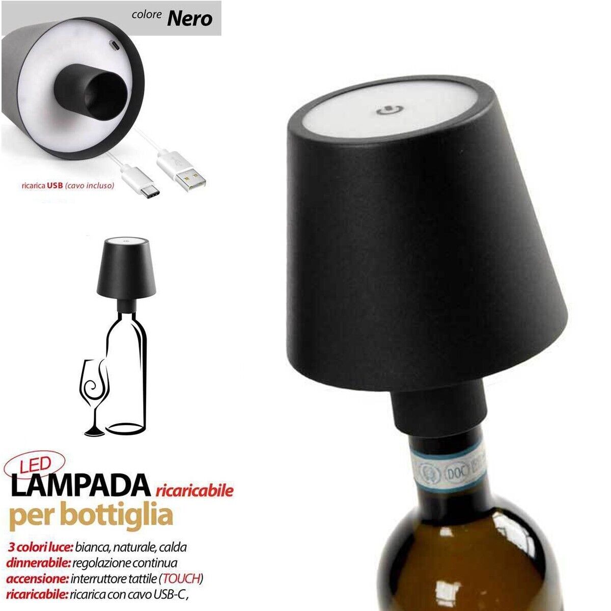 LAMPADA LED PER BOTTIGLIA TAPPO TAVOLO TOUCH DIMMERABILE USB RICARICABILE NERO