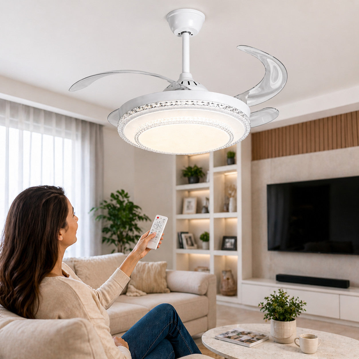 VENTILATEUR DE PLAFOND LUMIÈRE LED 85W PALES RÉTRACTABLES 48" TÉLÉCOMMANDE SJ-195