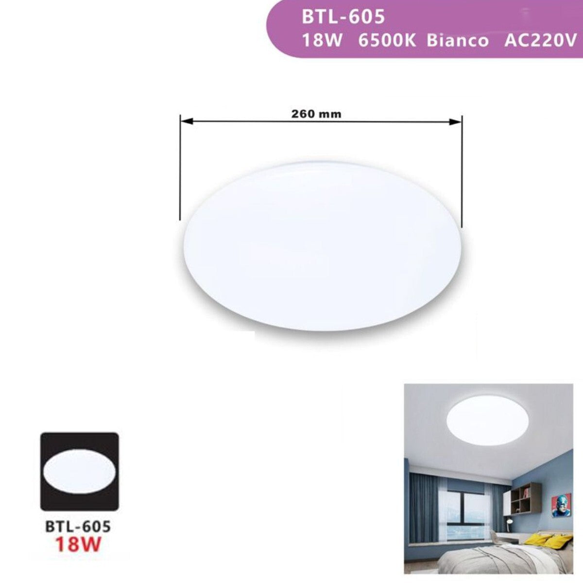 PLAFONIERA LED 18W 6500K LUCE FREDDA Ø260MM LAMPADA SOFFITTO BIANCA BTL-605