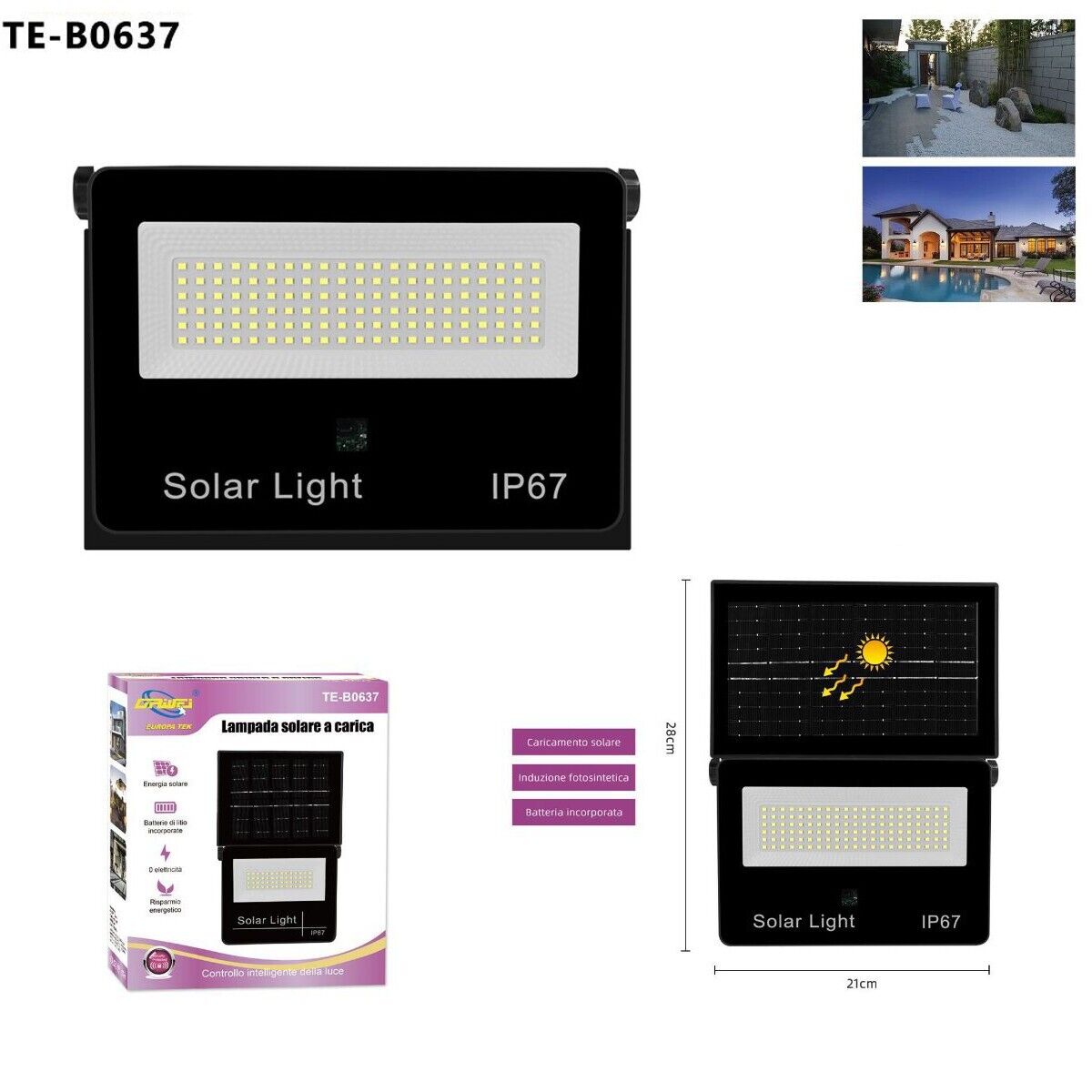 FARO LED FARETTO PANNELLO SOLARE CREPUSCOLARE IP67 126 LED ESTERNO TE-B0637