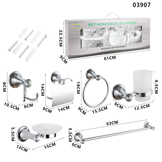 KIT COMPLETO 6 ACCESSORI BAGNO ASTA SAPONE WC GANCIO PORTA ASCIUGAMANO 03907