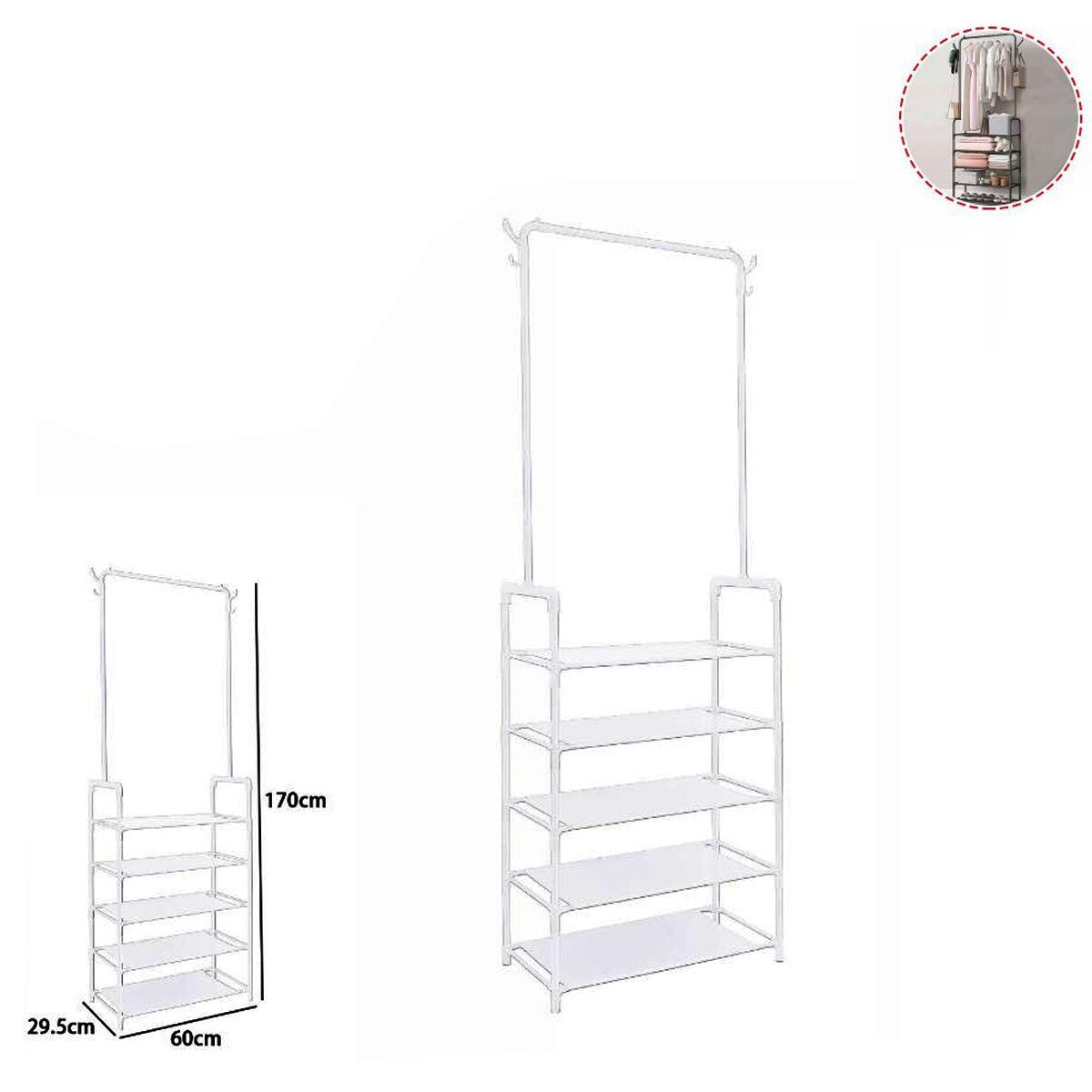 PORTE-VÊTEMENTS PORTE-MANTEAUX ÉTAGÈRE À CHAUSSURES 5 ÉTAGÈRES PORTE-CHAPEAUX MÉTAL BLANC