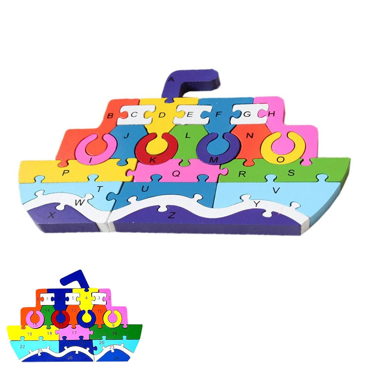 PUZZLE 3D EN BOIS JEU ÉDUCATIF CHIFFRES LETTRES ENFANTS FORME BATEAU 52905