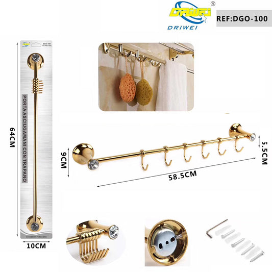 PORTE-SERVIETTES 6 CROCHETS SUPPORT D'AMÉNAGEMENT SALLE DE BAIN MAISON CUISINE DORÉ OR DGO-100