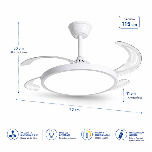 VENTILATEUR DE PLAFOND LUMIÈRE LED 80W PALES RÉTRACTABLES 48" TÉLÉCOMMANDE SJ-198 CB001