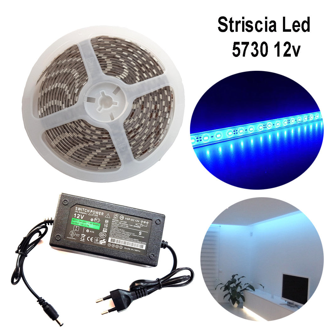 BANDEAU BANDE LED 5730 5M ADHÉSIF LUMIÈRE IP65 ALIMENTATION 12V 5A BLEU 12W/M