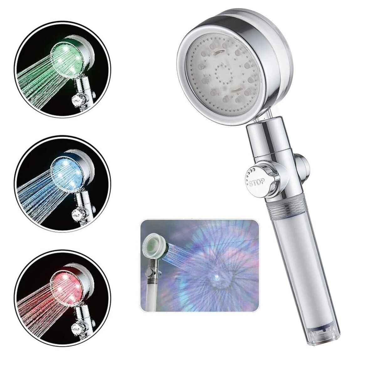 SOFFIONE DOCCIA LED COLORATO DOCCINO BAGNO DOCCETTA LUMINOSO BRACCIO MULTICOLOR