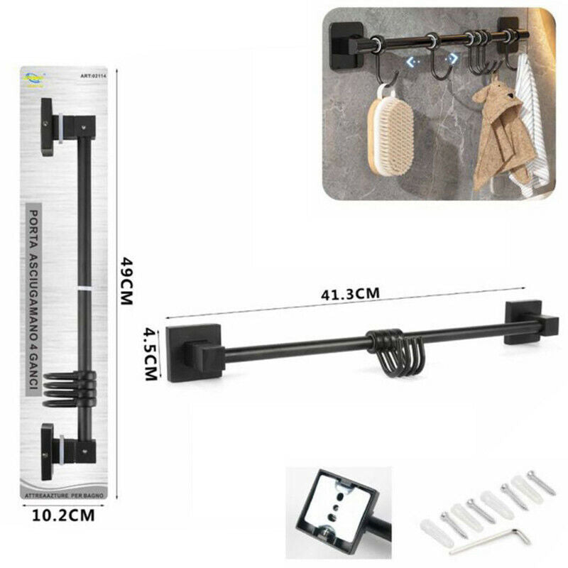 PORTA ASCIUGAMANI 4 GANCI SUPPORTO ARREDO BAGNO CASA CUCINA NERO 02114