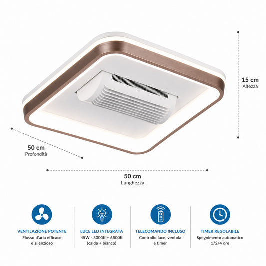 VENTILATORE SOFFITTO LUCE LED SENZA PALE 45W QUADRATO TELECOMANDO BTL-1362