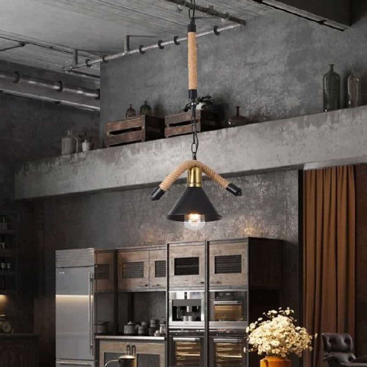 LAMPADARIO SOSPENSIONE E27 CORDA CANAPA PENDENTE CAMPANE STILE RUSTICO VINTAGE