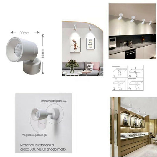 FARETTO LED SOFFITTO ORIENTABILE 7W LUCE CALDA MODERNO BIANCO APPLIQUE SPOT LED
