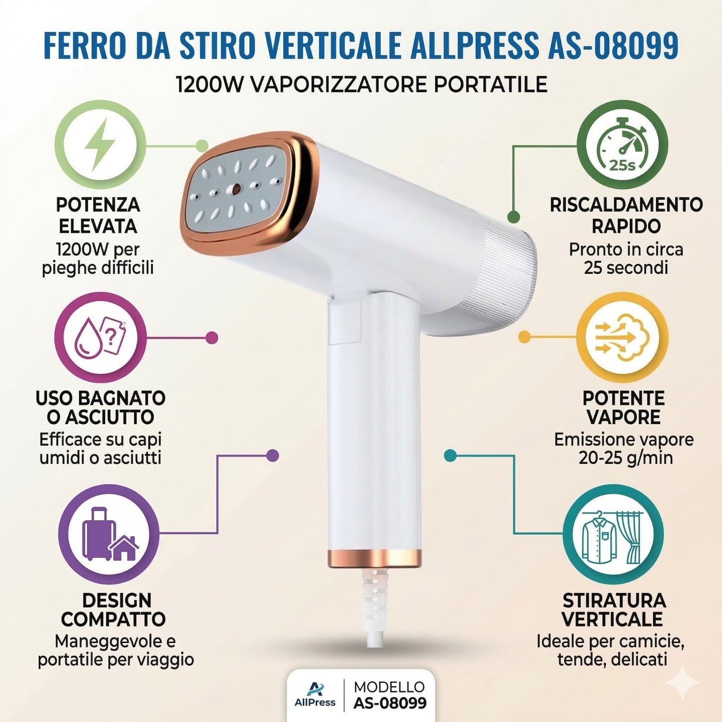 FERRO DA STIRO VERTICALE 1200W VAPORIZZATORE VESTITI PORTATILE VAPORE AS-08099