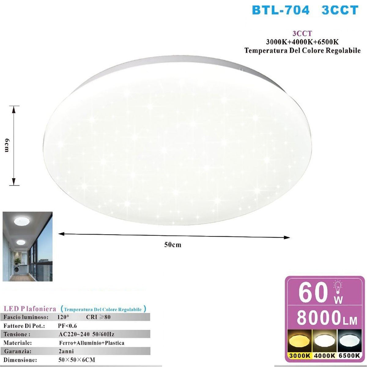 PLAFONIERA DA SOFFITTO LED 60W 3000K 4000K 6500K 8000LM SOTTILE 50CM ET-31640