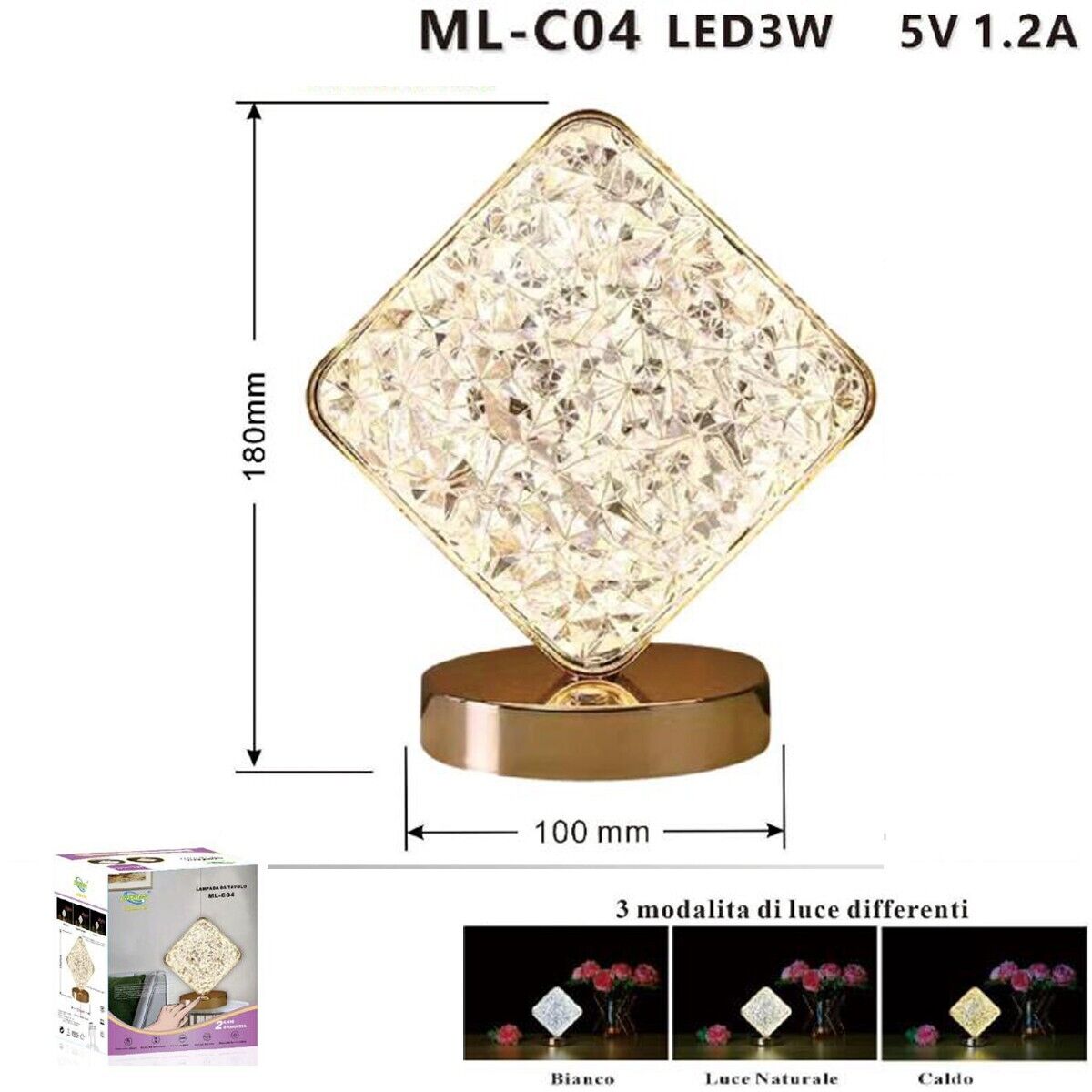 LAMPADA TAVOLO LED RICARICABILE CRISTALLO ATMOSFERA 3W DIAMANTE TOUCH ROMBO