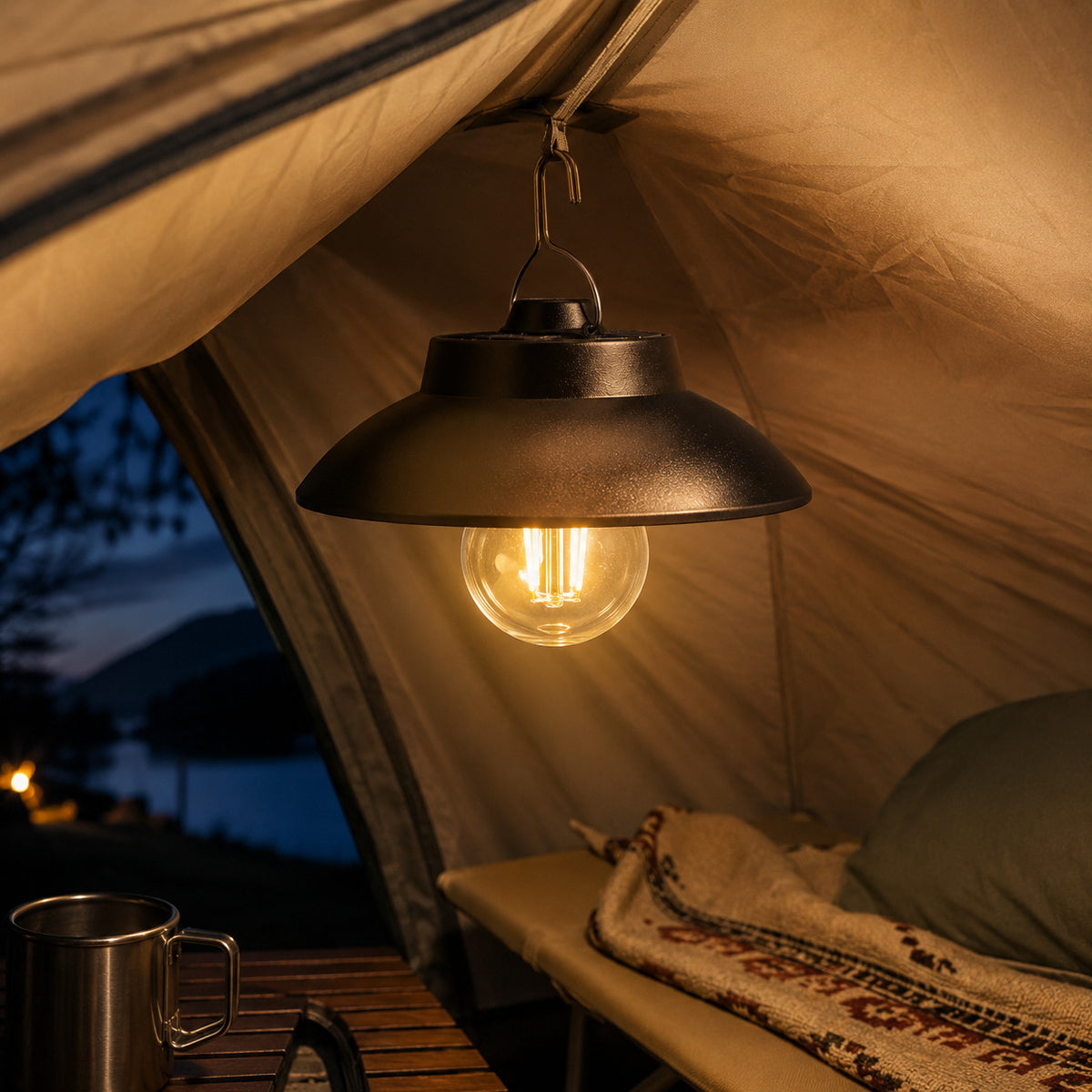 LAMPE DE CAMPING LED SOLAIRE RECHARGEABLE AVEC CROCHET LUMIÈRE CHAUDE 3000K TE-B0627
