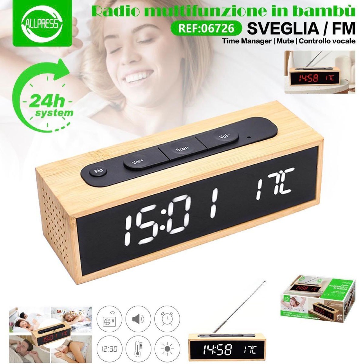 RADIO SVEGLIA OROLOGIO DIGITALE FM IN BAMBU DISPLAY LED EFFETTO LEGNO 24H 06726