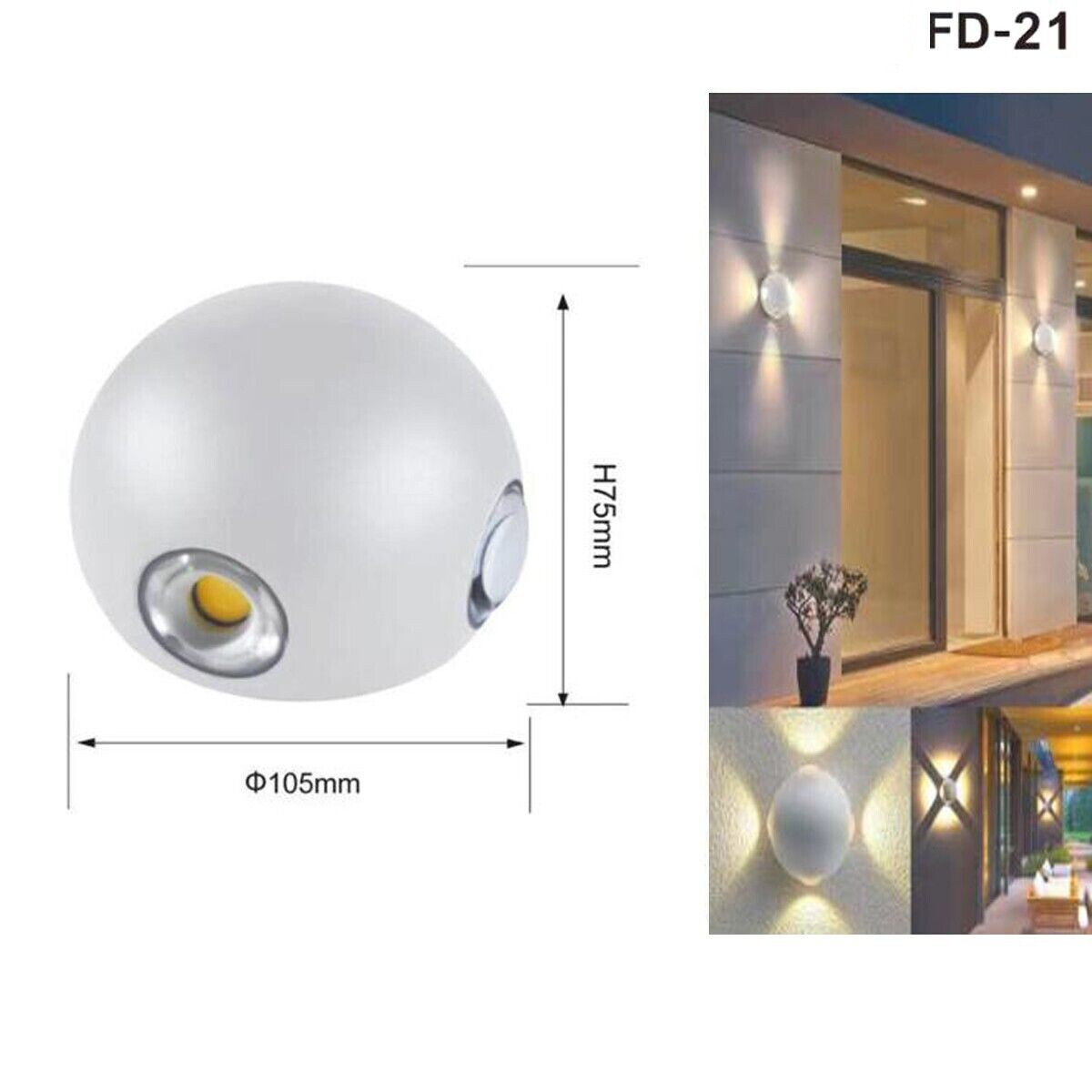 APPLIQUE LED 4 COB LAMPADA PARETE ROTONDO BIANCO CALDO 3000K 12W ESTERNO 21*