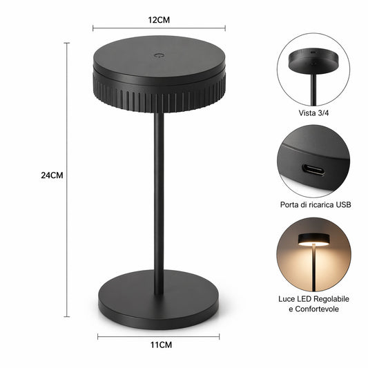 LAMPADA DA TAVOLO LED RICARICABILE TOUCH USB 2000MAH DESIGN MODERNO NERO LPT146