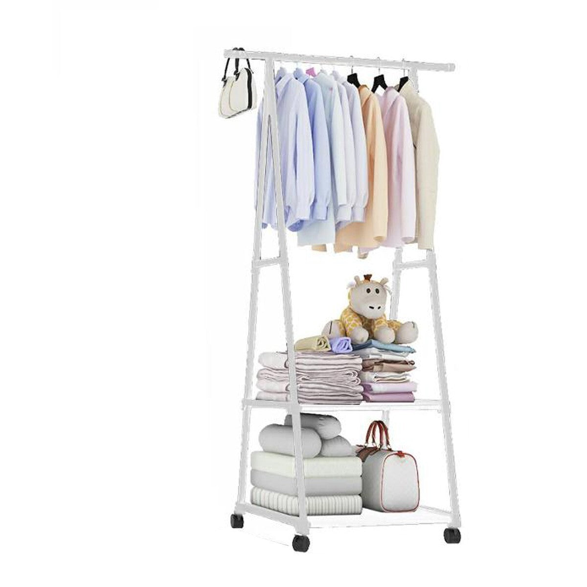 APPENDIABITI TRIANGOLO BIANCO CON RIPIANI 3 PIANI CASA RUOTE 55X42X160 CM
