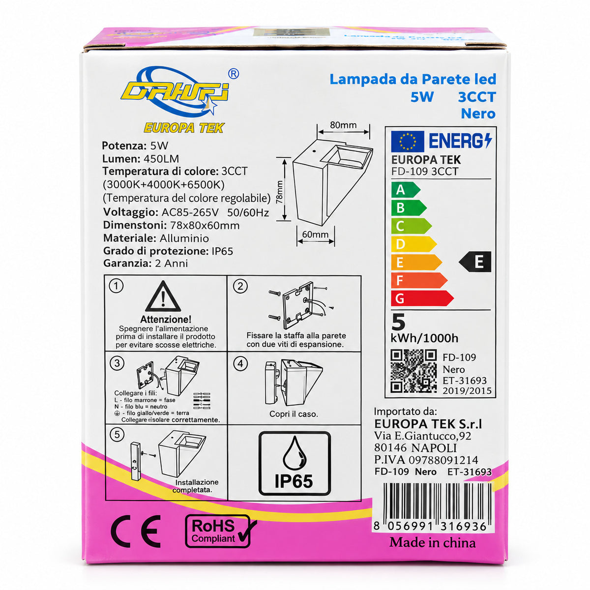 APPLIQUE LED 5W ESTERNO LAMPADA PARETE NERA IP65 3000K 4000K 6000K ET-31693