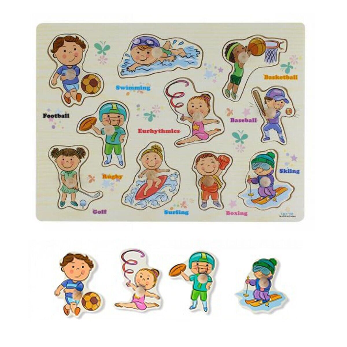 PUZZLE LEGNO INCASTRO EDUCATIVO SPORT NUOTO CALCIO DANZA SENSORIALE BAMBINI 7540